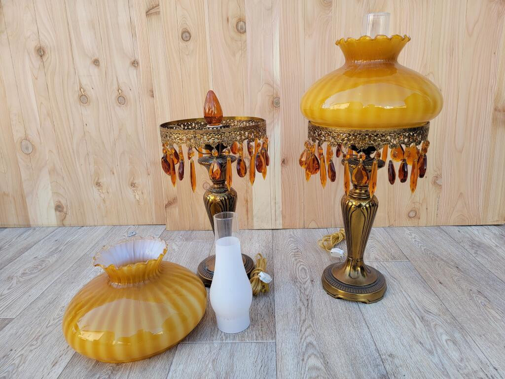 Vintage French Boudoir Style Electric Amber Glass Shade Oil Lamps - Pair