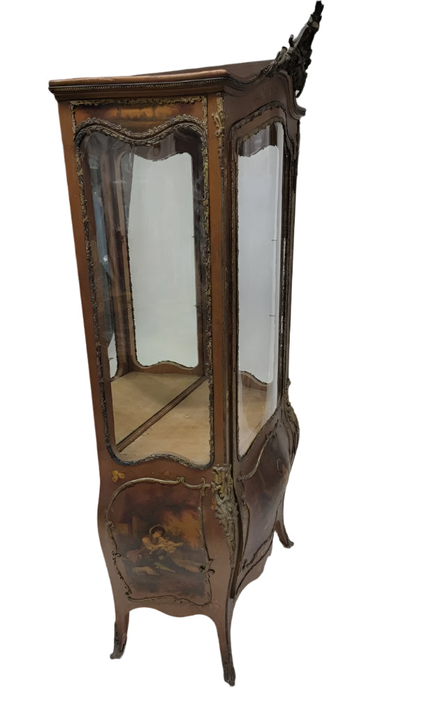 Antique French Vernis Martin Hand Painted Brass Ormolu Bombe Display Vitrine Cabinet