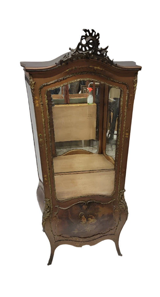Antique French Vernis Martin Hand Painted Brass Ormolu Bombe Display Vitrine Cabinet