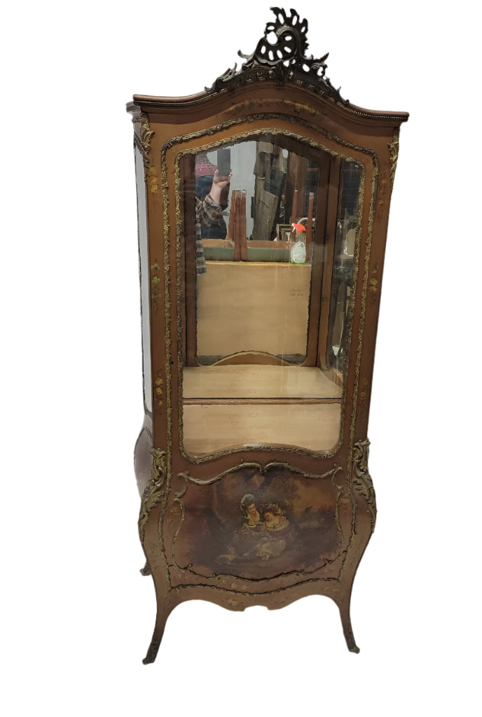 Antique French Vernis Martin Hand Painted Brass Ormolu Bombe Display Vitrine Cabinet