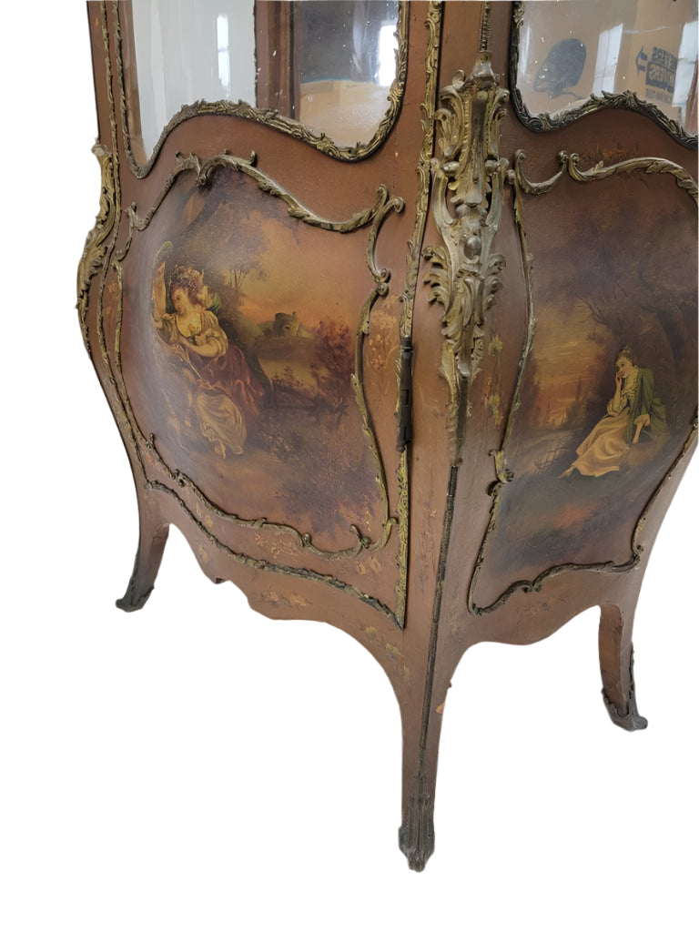Antique French Vernis Martin Hand Painted Brass Ormolu Bombe Display Vitrine Cabinet