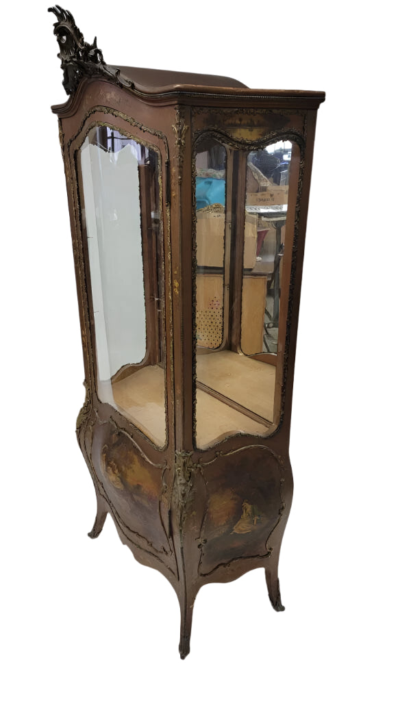 Antique French Vernis Martin Hand Painted Brass Ormolu Bombe Display Vitrine Cabinet