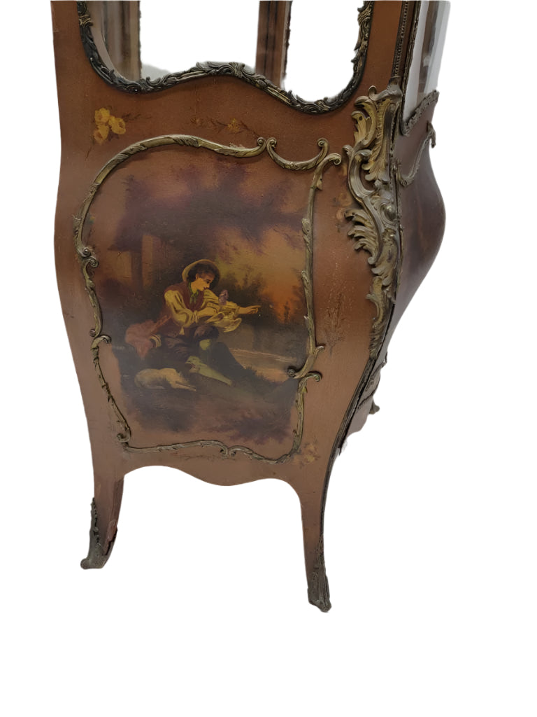 Antique French Vernis Martin Hand Painted Brass Ormolu Bombe Display Vitrine Cabinet