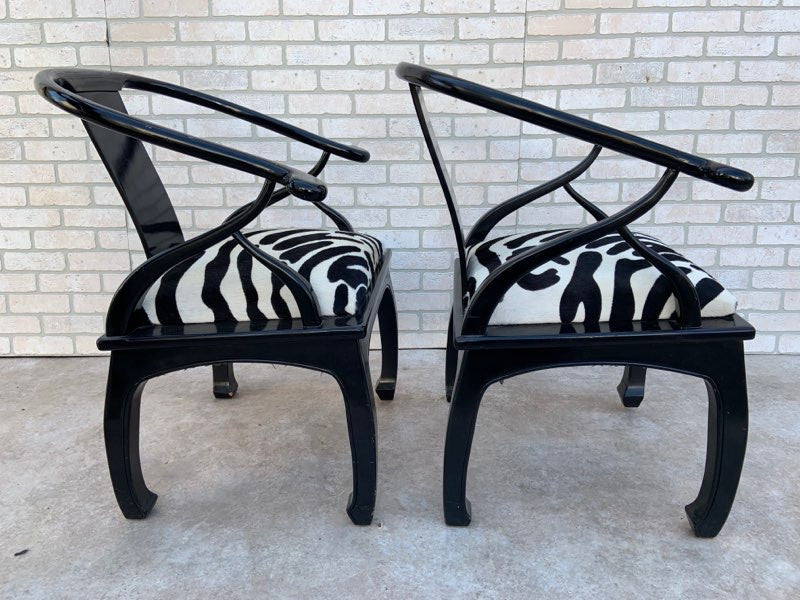 Hollywood Regency James Mont Style Horseshoe Chairs Newly Reupholstered in Cowhide- Pair