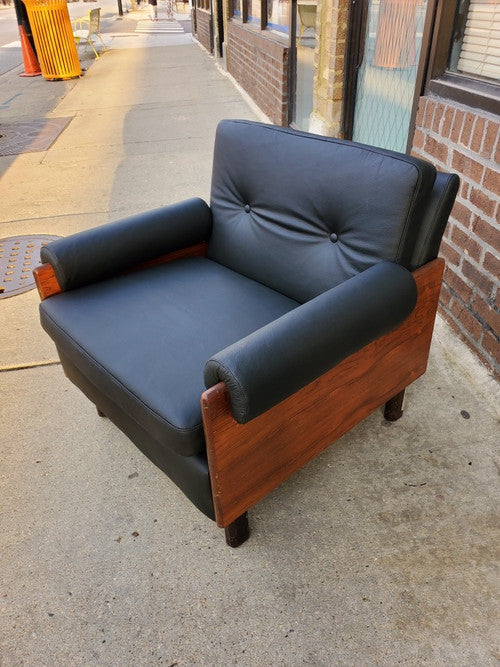 Danish Modern Rosewood & Black Leather Lounge Chair  Newly Upholstered