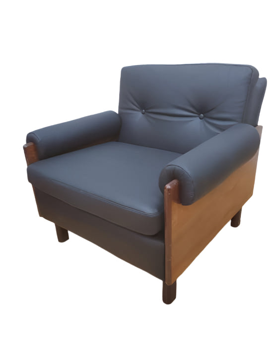 MCM Percival Lafer Style Rosewood Club Chair Newly Reupholstered in Black Leather