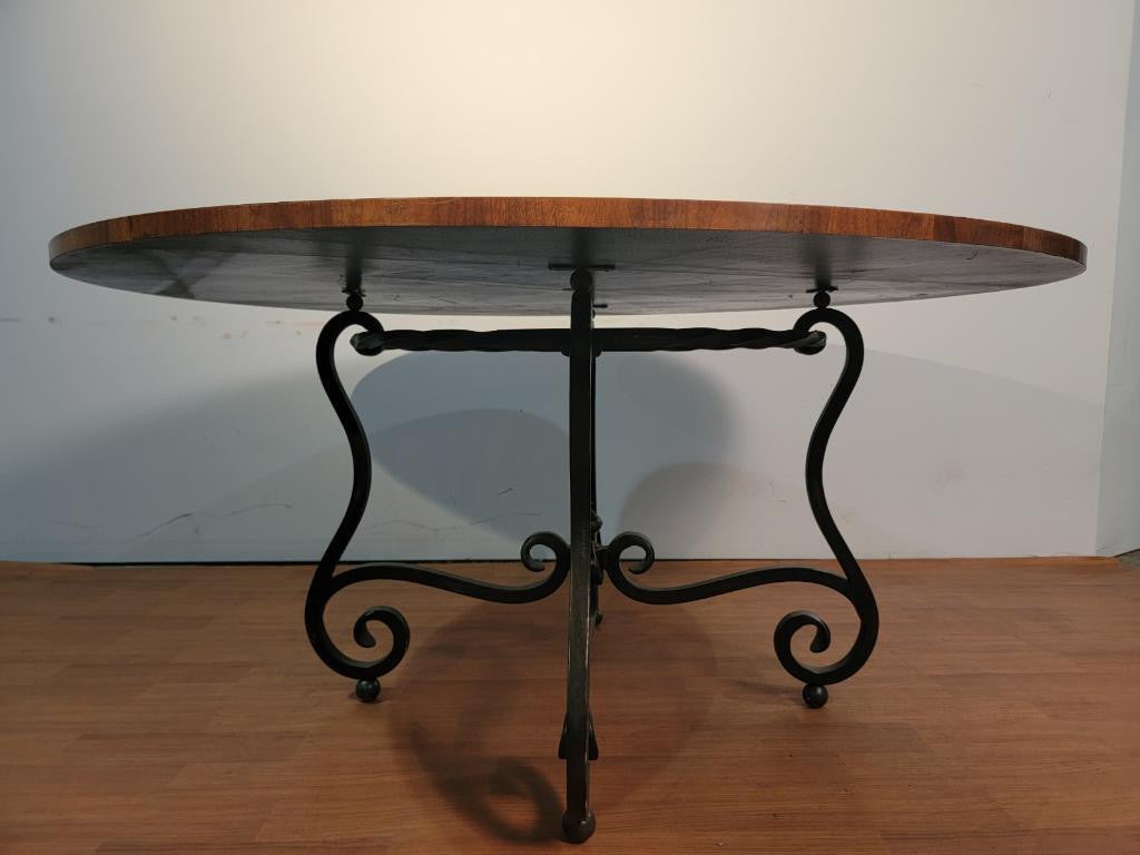 Vintage Baker Furniture Co. Round Dining Room Table on Four Leg Wrought Iron Base