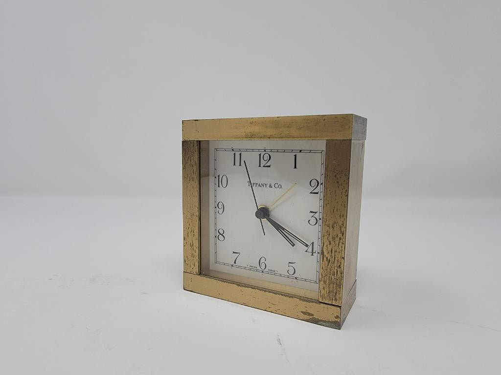 Mid Century Modern Tiffany & Co Machined Bronze/Brass Square Mantel/Desk Clock