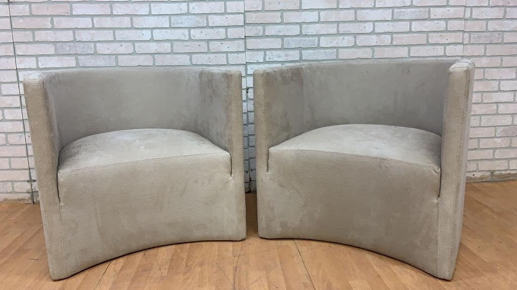 Vintage Barrel Back Lounge Chairs Newly Upholstered in Designer Textured Embossed Scaled Suede - Pair