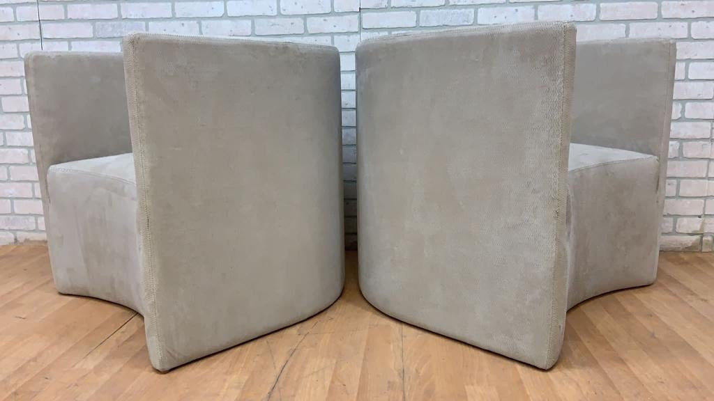 Vintage Barrel Back Lounge Chairs Newly Upholstered in Designer Textured Embossed Scaled Suede - Pair