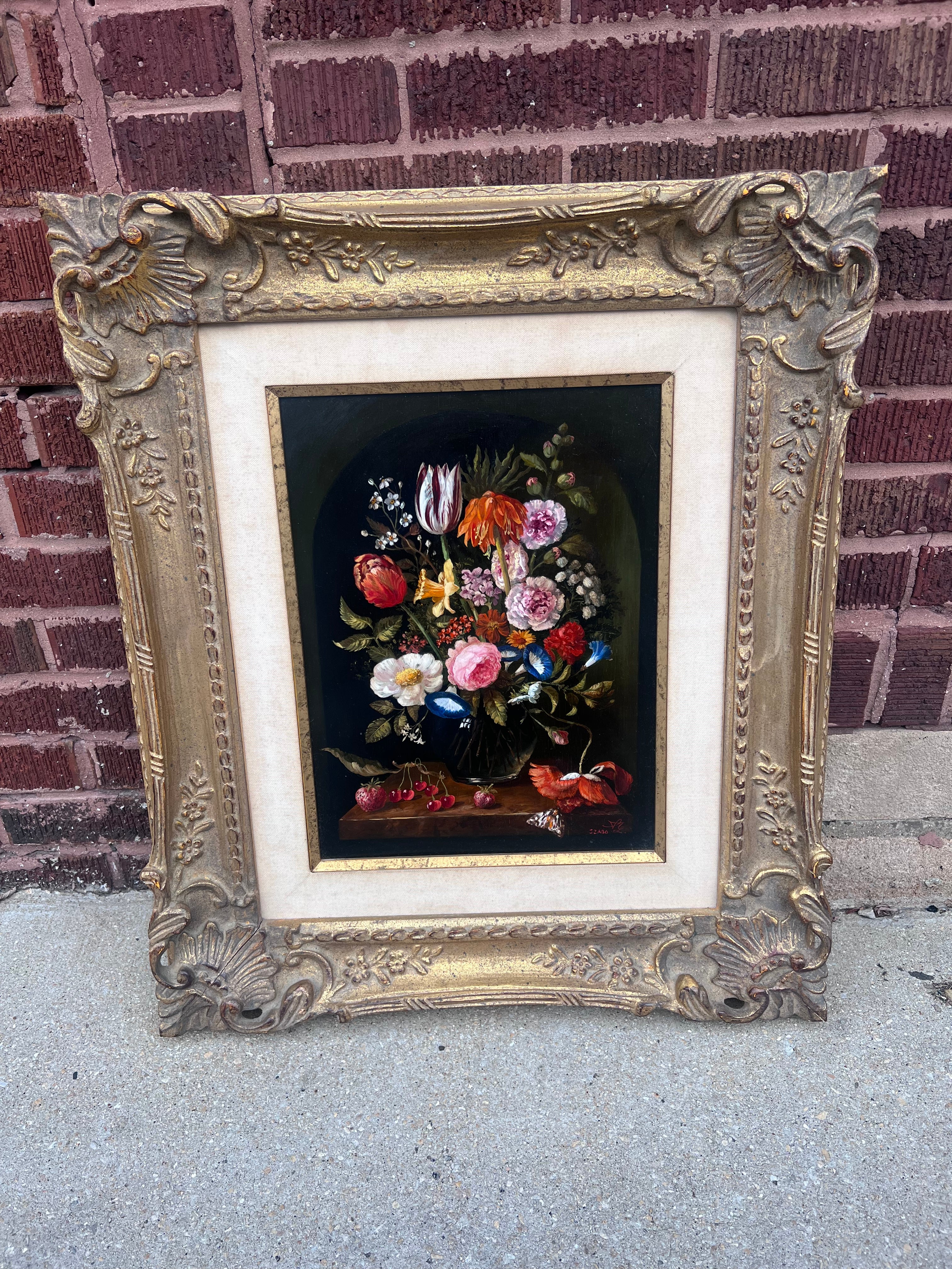 Antique Still Floral Painting in a Carved Frame