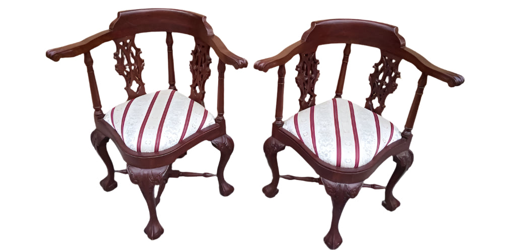 Antique English Carved Mahogany Corner Chair - Pair
