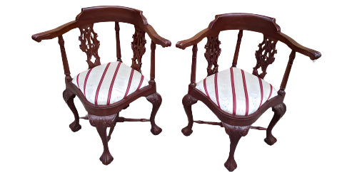 Antique English Carved Mahogany Corner Chair - Pair