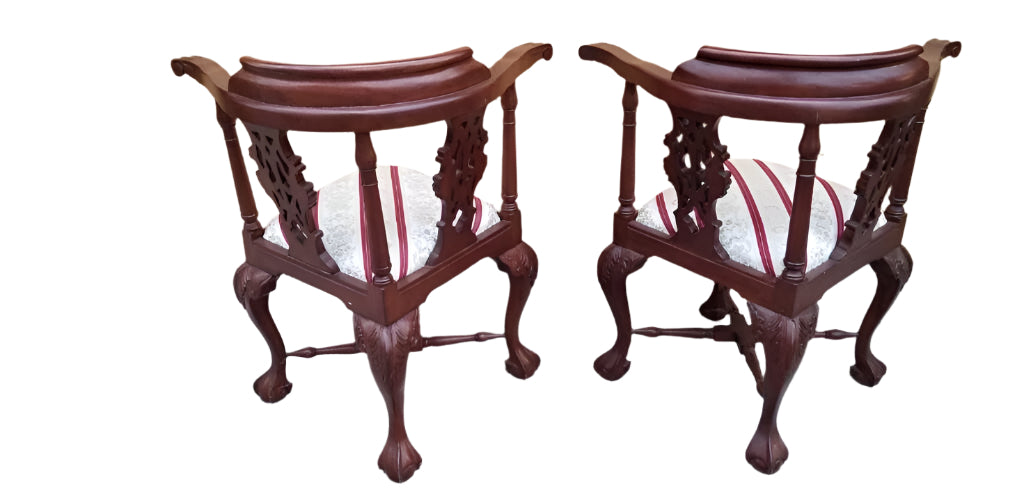 Antique English Carved Mahogany Corner Chair - Pair