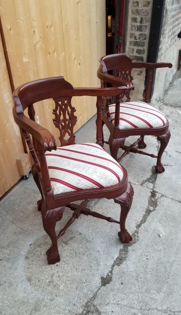 Antique Carved Solid Mahogany English Corner Chair Ball Claw - Pair