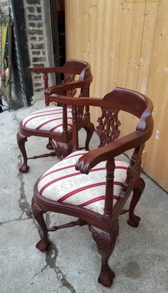 Antique Carved Solid Mahogany English Corner Chair Ball Claw - Pair