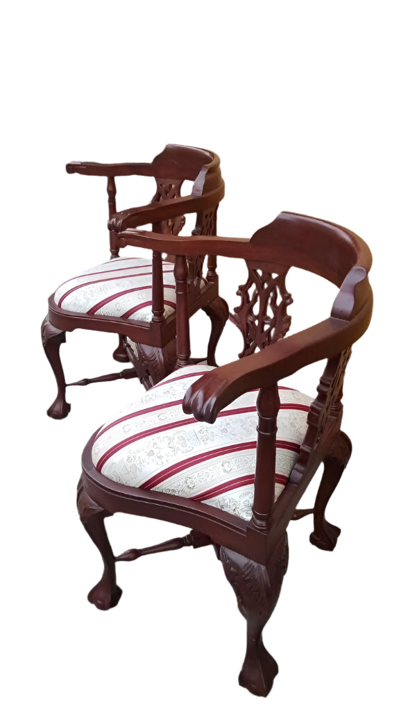 Antique English Carved Mahogany Corner Chair - Pair