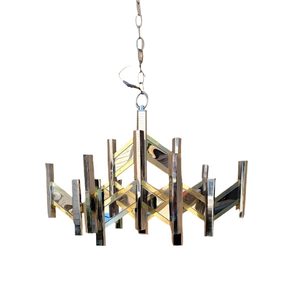 Mid Century Modern Italian Gaetano Sciolari Brass & Chrome Zig Zag Chandelier