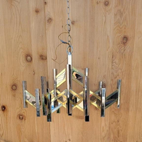Mid Century Modern Italian Gaetano Sciolari Brass & Chrome Zig Zag Chandelier