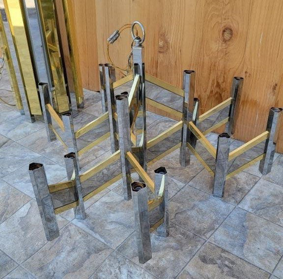 Mid Century Modern Italian Gaetano Sciolari Brass & Chrome Zig Zag Chandelier