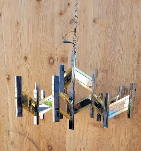 Mid Century Modern Italian Gaetano Sciolari Brass & Chrome Zig Zag Chandelier