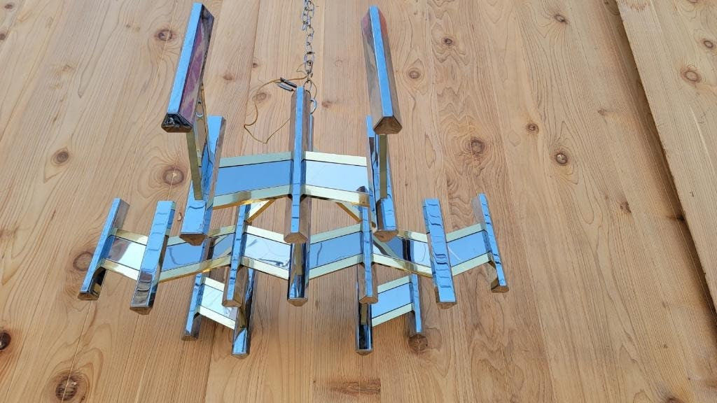 Mid Century Modern Italian Gaetano Sciolari Brass & Chrome Zig Zag Chandelier