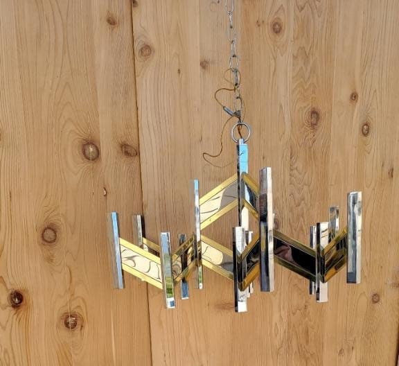 Mid Century Modern Italian Gaetano Sciolari Brass & Chrome Zig Zag Chandelier