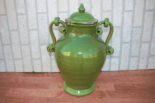 Vintage Ceramic Green Amphora Shaped Vase with Removable Lid