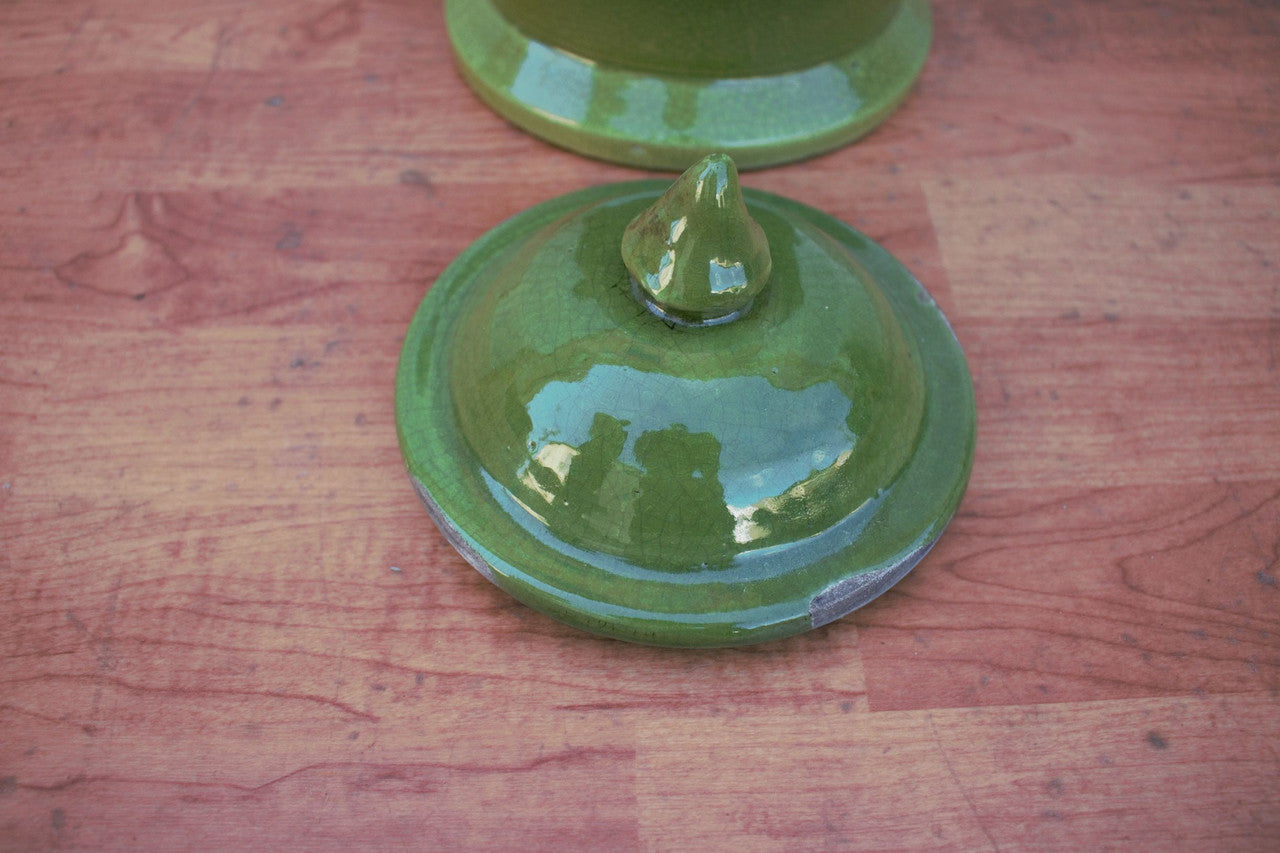 Vintage Ceramic Green Amphora Shaped Vase with Removable Lid