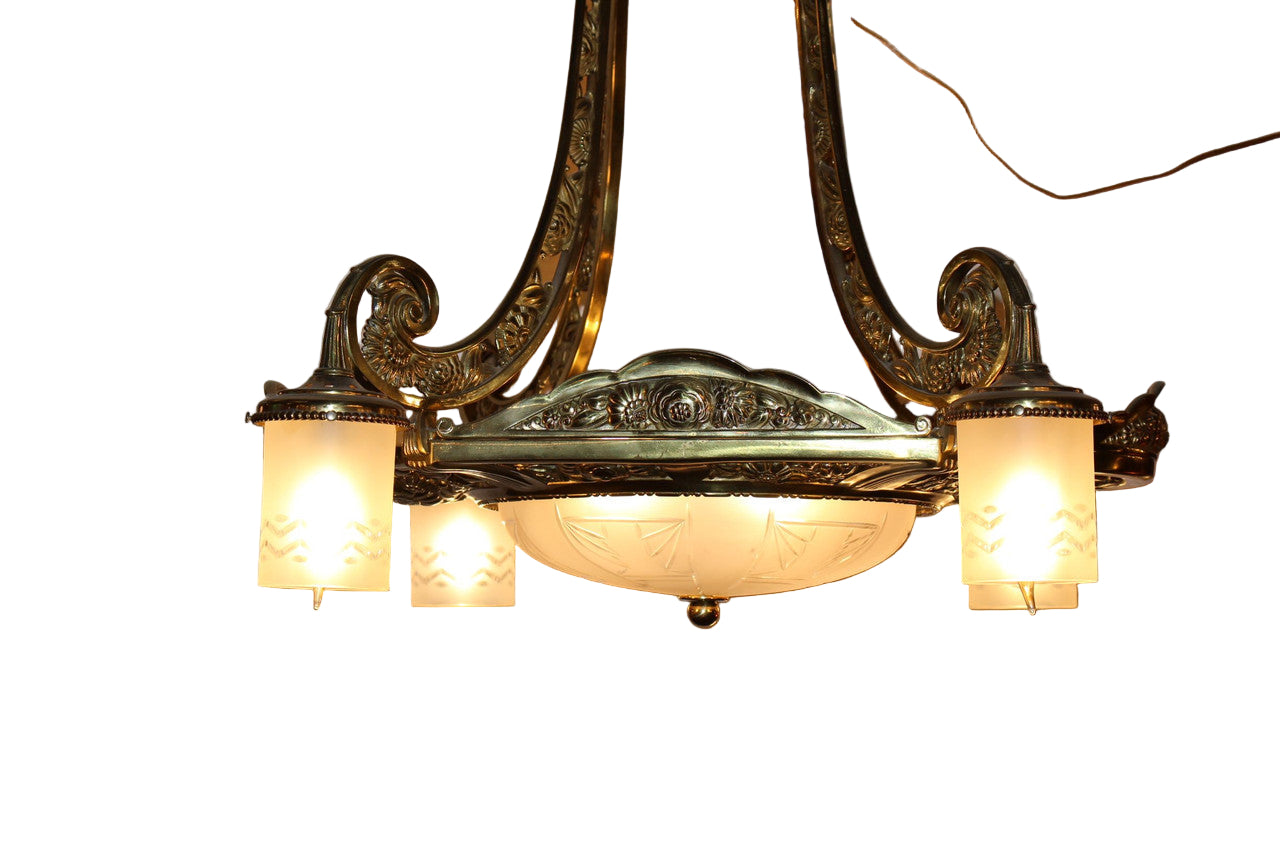 Antique French Gilded Ornate Bronze Floral Motif Etched Crystal Lamp Shades Chandelier