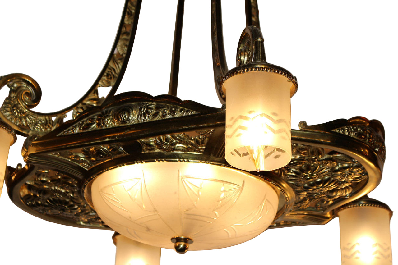 Antique French Gilded Ornate Bronze Floral Motif Etched Crystal Lamp Shades Chandelier