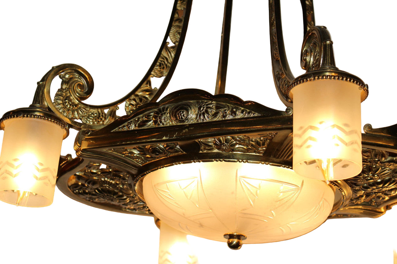 Antique French Gilded Ornate Bronze Floral Motif Etched Crystal Lamp Shades Chandelier