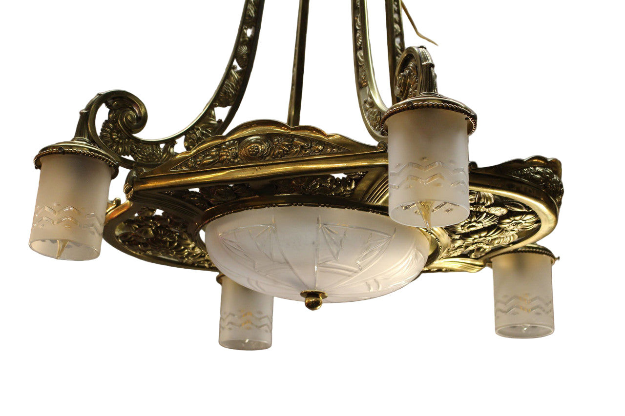 Antique French Gilded Ornate Bronze Floral Motif Etched Crystal Lamp Shades Chandelier