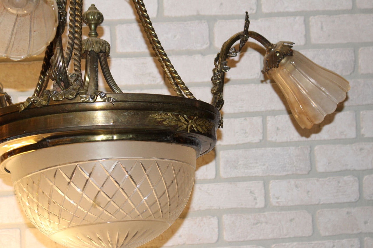Antique Victorian Style French Gilded Bronze Three Arm Chandelier