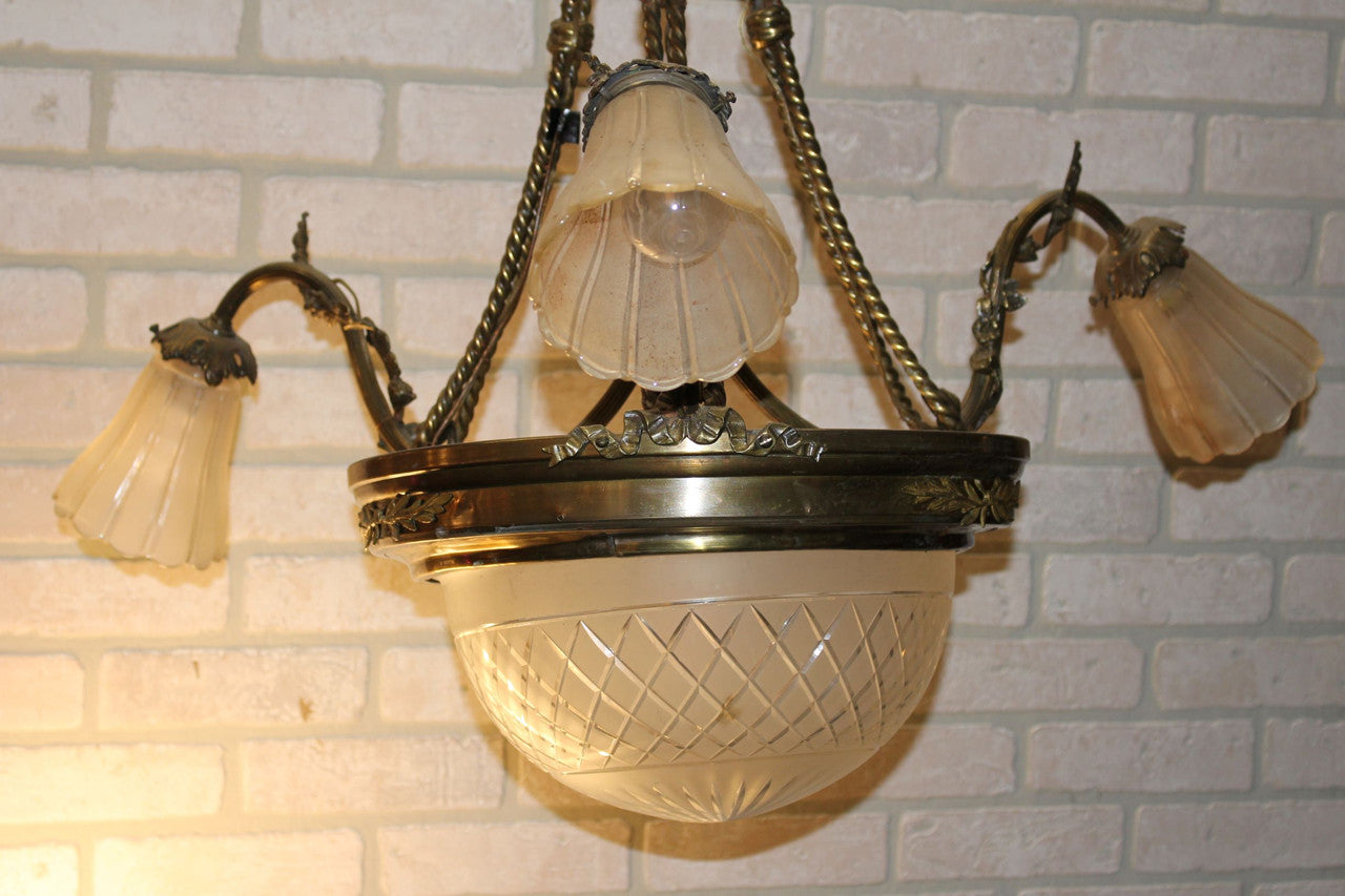 Antique Victorian Style French Gilded Bronze Three Arm Chandelier