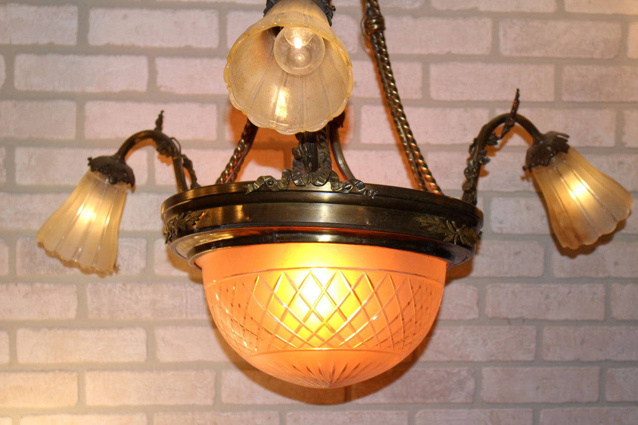 Antique Victorian Style French Gilded Bronze Three Arm Chandelier