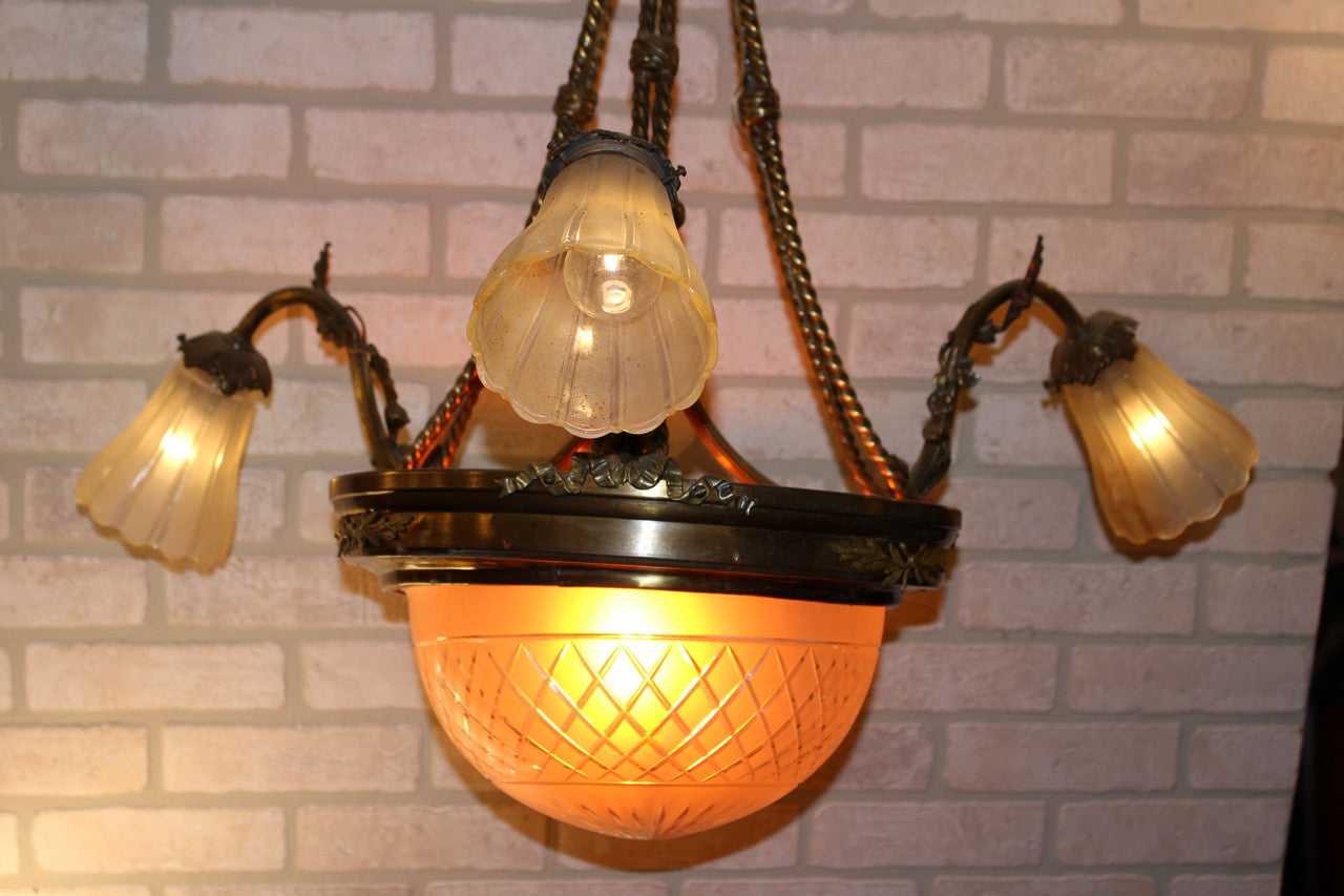 Antique Victorian Style French Gilded Bronze Three Arm Chandelier