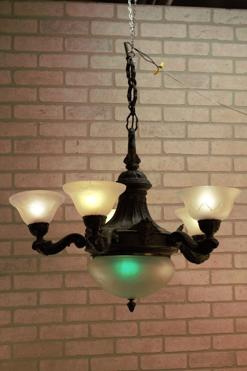 Antique Neoclassical Ornate Figural North Wind Frosted Etched Glass Lamp Shade Chandelier