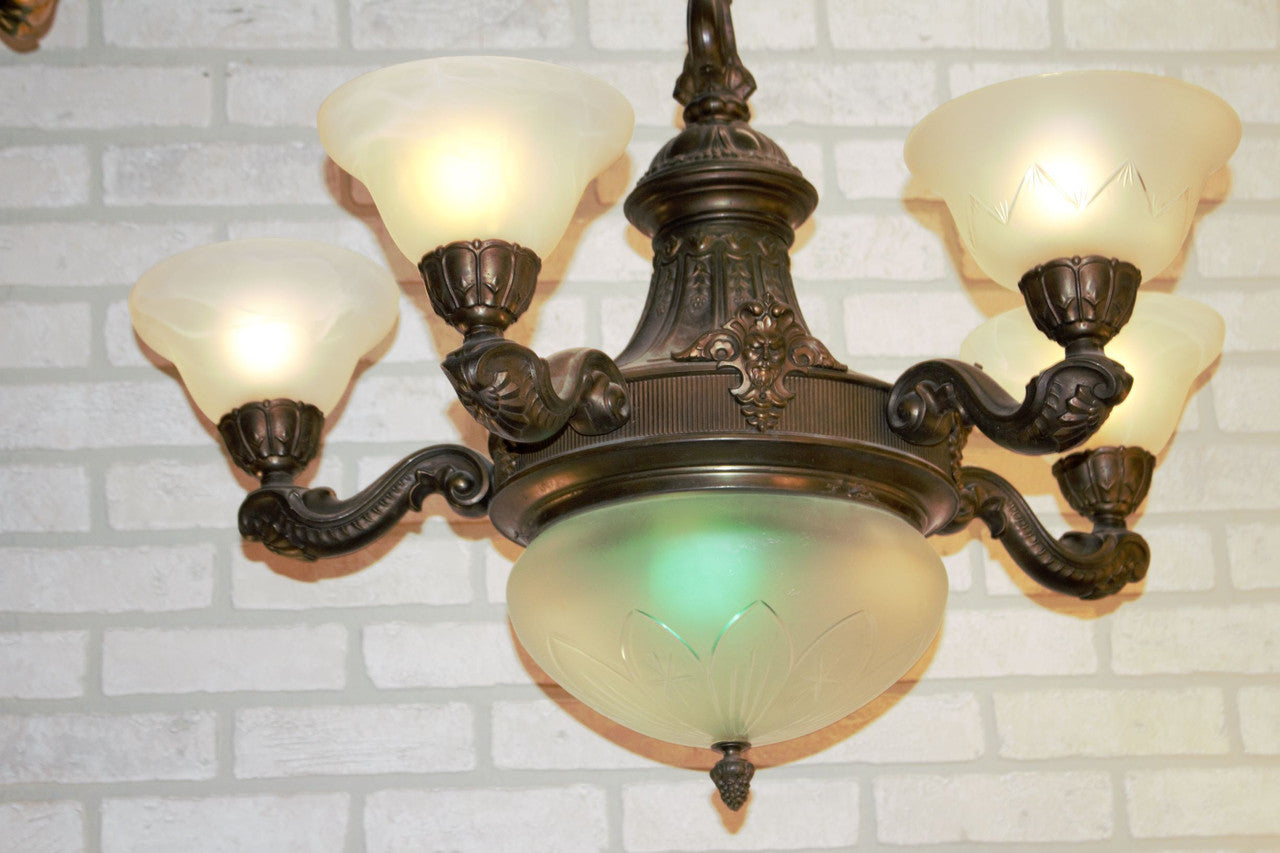 Antique Neoclassical Ornate Figural North Wind Frosted Etched Glass Lamp Shade Chandelier