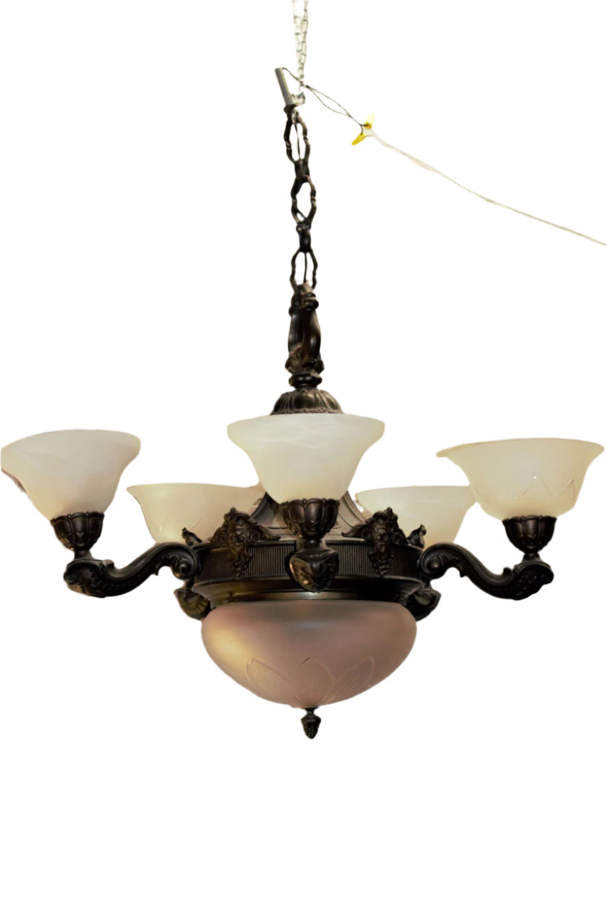 Antique Neoclassical Ornate Figural North Wind Frosted Etched Glass Lamp Shade Chandelier