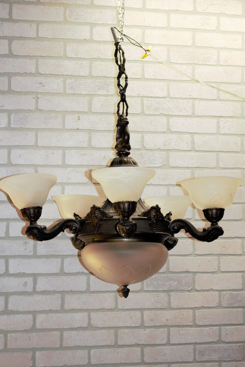 Antique Neoclassical Ornate Figural North Wind Frosted Etched Glass Lamp Shade Chandelier
