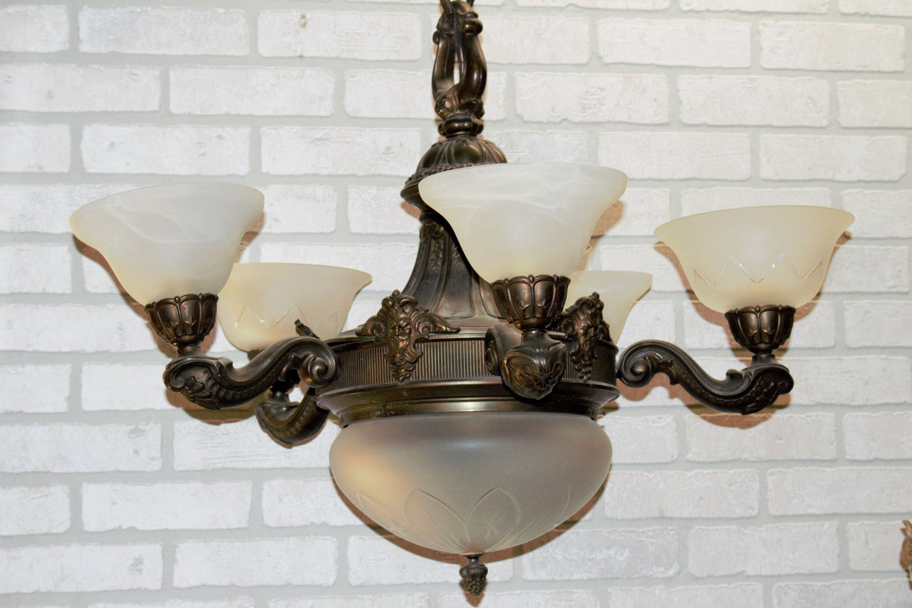 Antique Neoclassical Ornate Figural North Wind Frosted Etched Glass Lamp Shade Chandelier