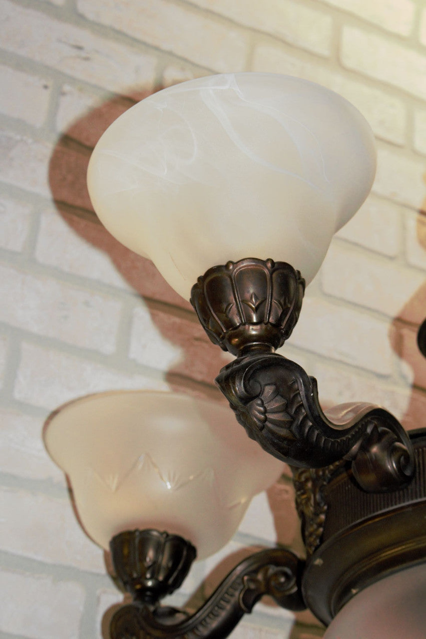Antique Neoclassical Ornate Figural North Wind Frosted Etched Glass Lamp Shade Chandelier