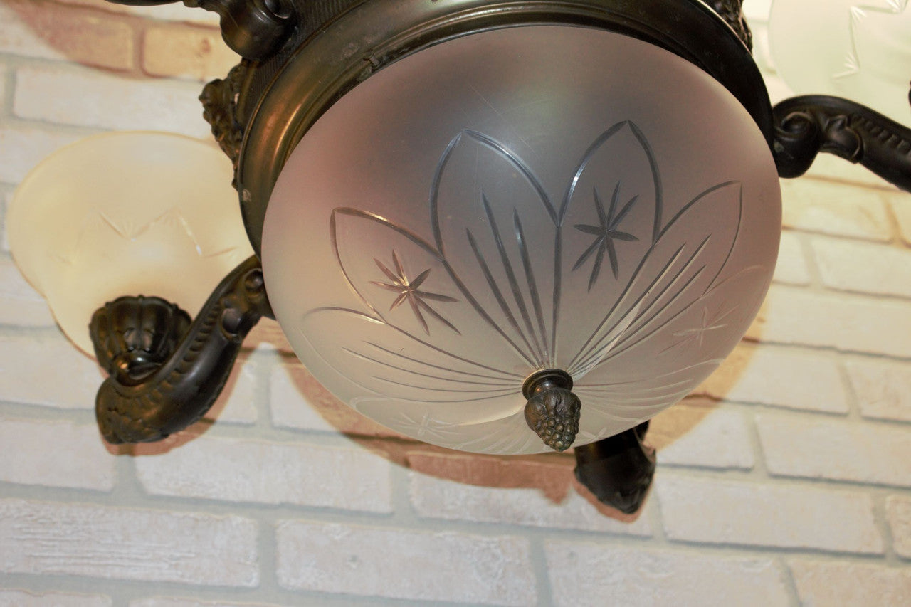 Antique Neoclassical Ornate Figural North Wind Frosted Etched Glass Lamp Shade Chandelier
