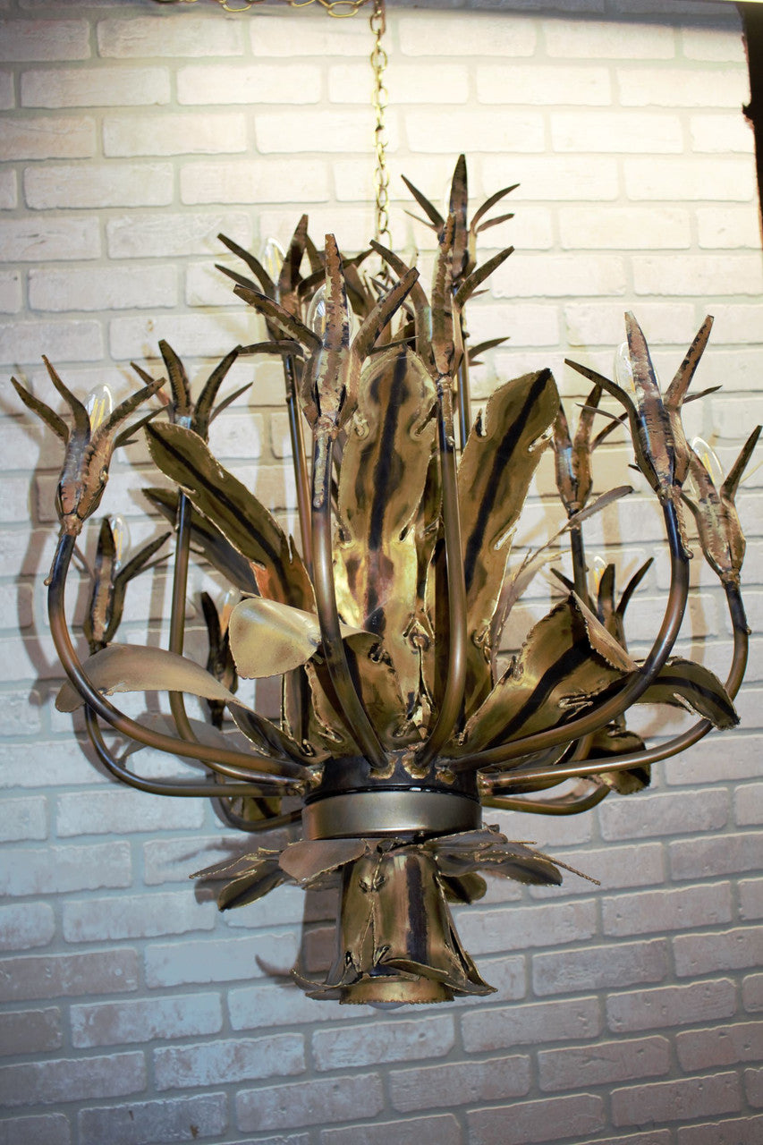Mid Century Tom Greene Brutalist Torched Brass Chandelier