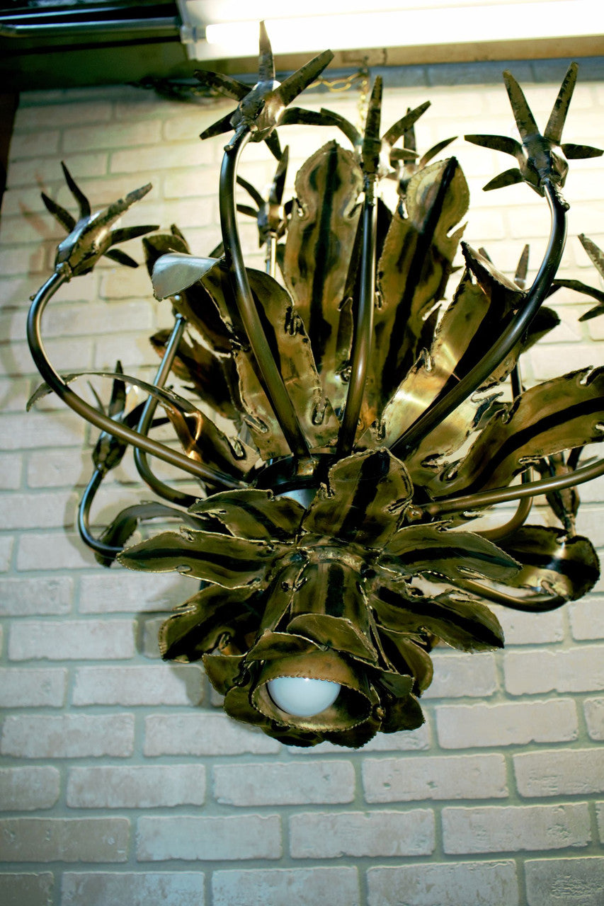 Mid Century Tom Greene Brutalist Torched Brass Chandelier