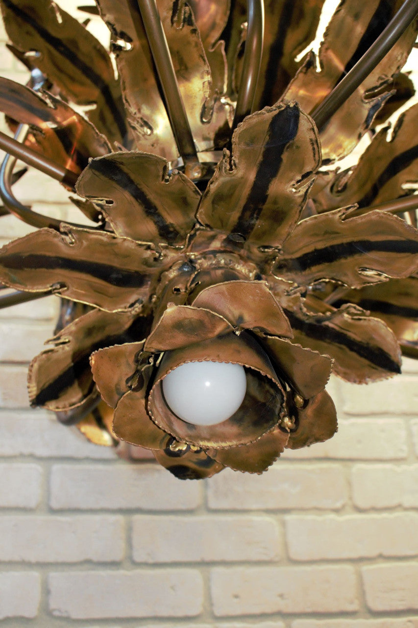Mid Century Tom Greene Brutalist Torched Brass Chandelier