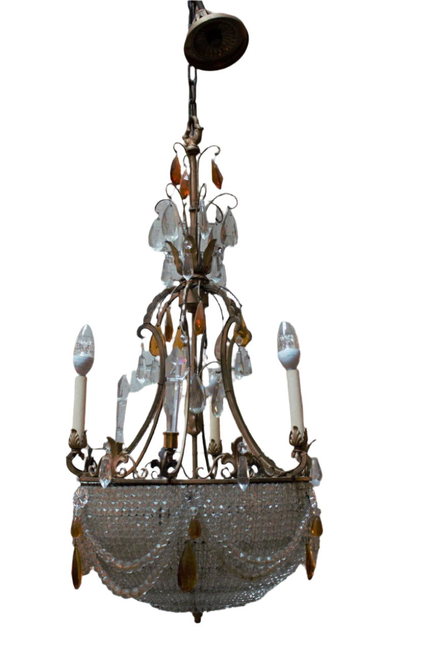 Antique French Victorian Chandelier With a Crystal Beaded Bowl