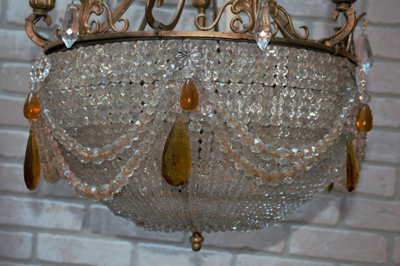 Antique French Victorian Chandelier With a Crystal Beaded Bowl