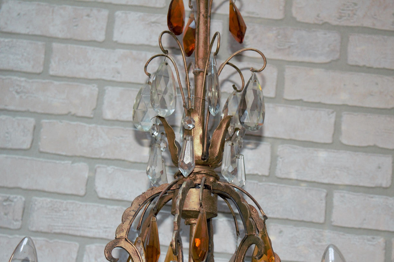 Antique French Victorian Chandelier With a Crystal Beaded Bowl